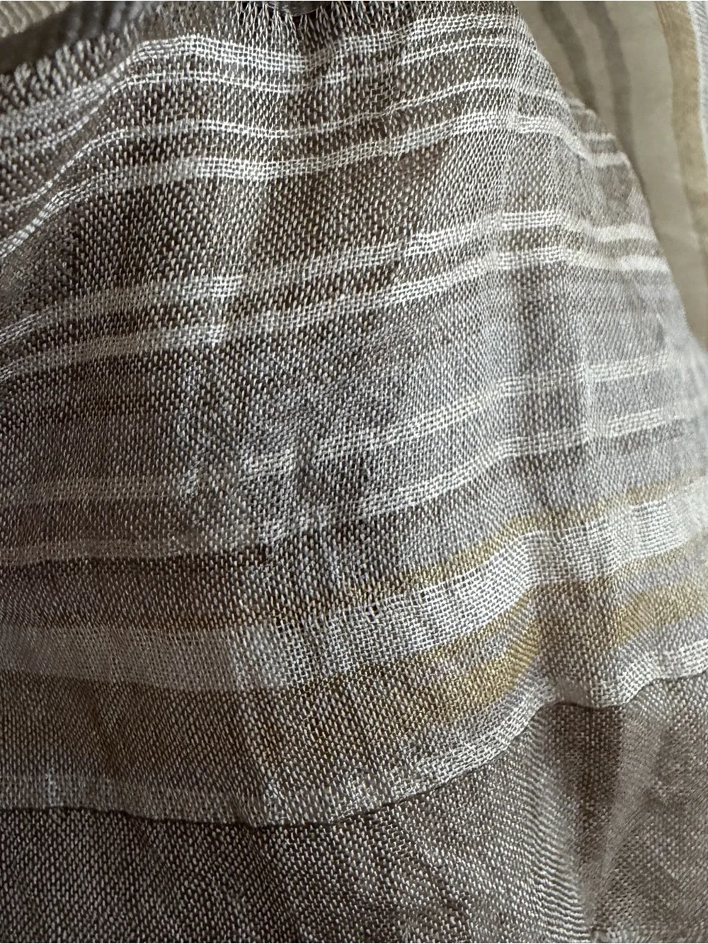 Eileen Fisher 100% Silk Crinkle Scarf Wrap Gray Taupe Stripe Fringe MSRP $179